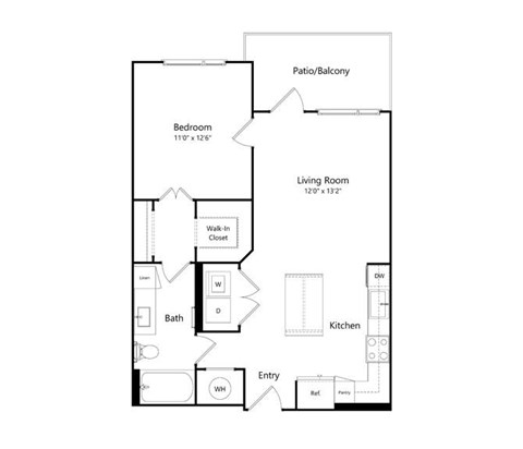 Floor plan for 1 bed, 1 bath, 708 sqft